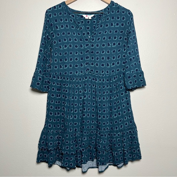 Boden Women Dress 2 Petite Green Buttons Tiered Ruffle Ponte Shift Casual 3/4 - Picture 2 of 9